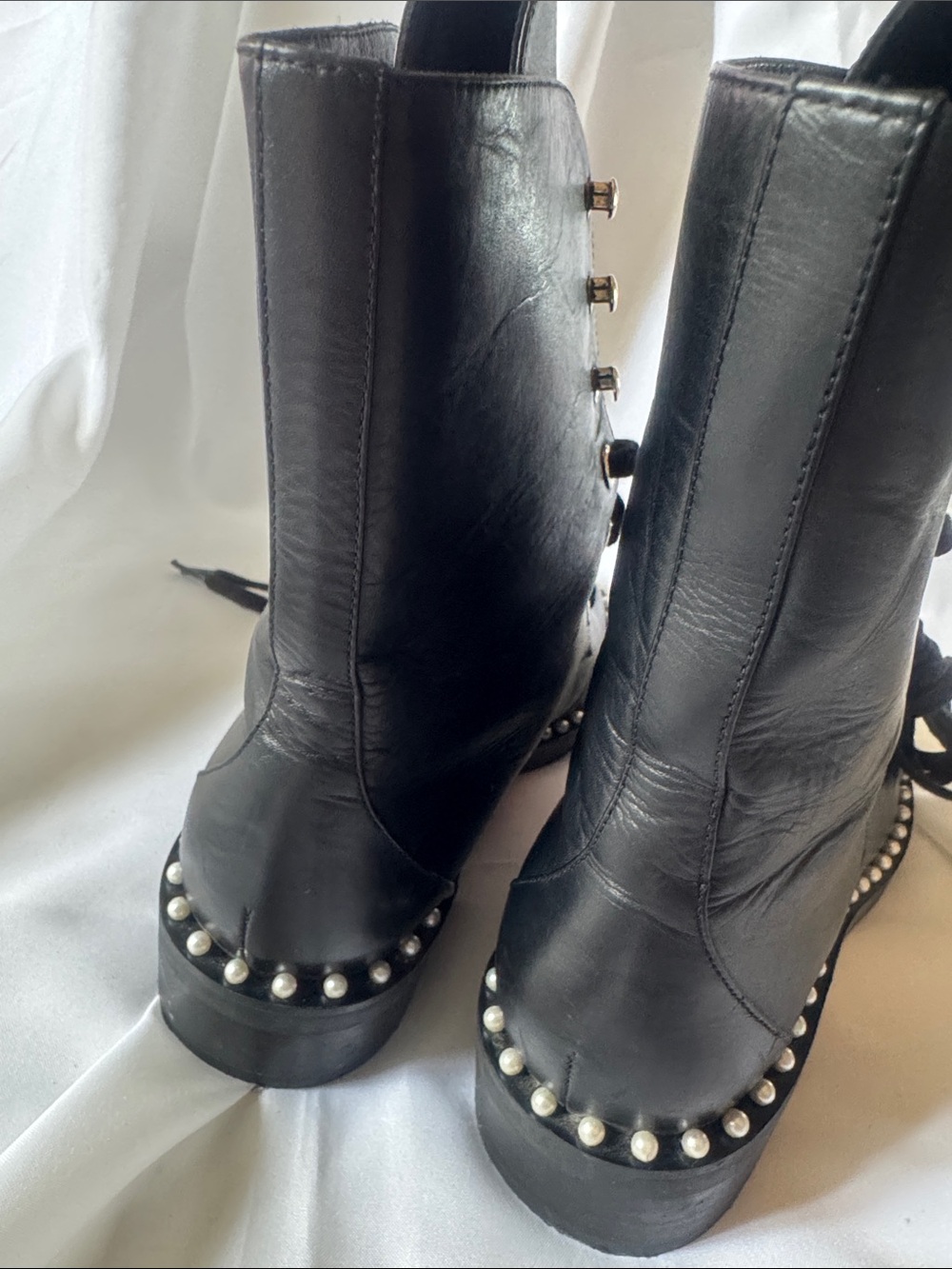Stuart Weitzman Black Leather Combat Boots with Pearl Studs - Picture 3 of 8
